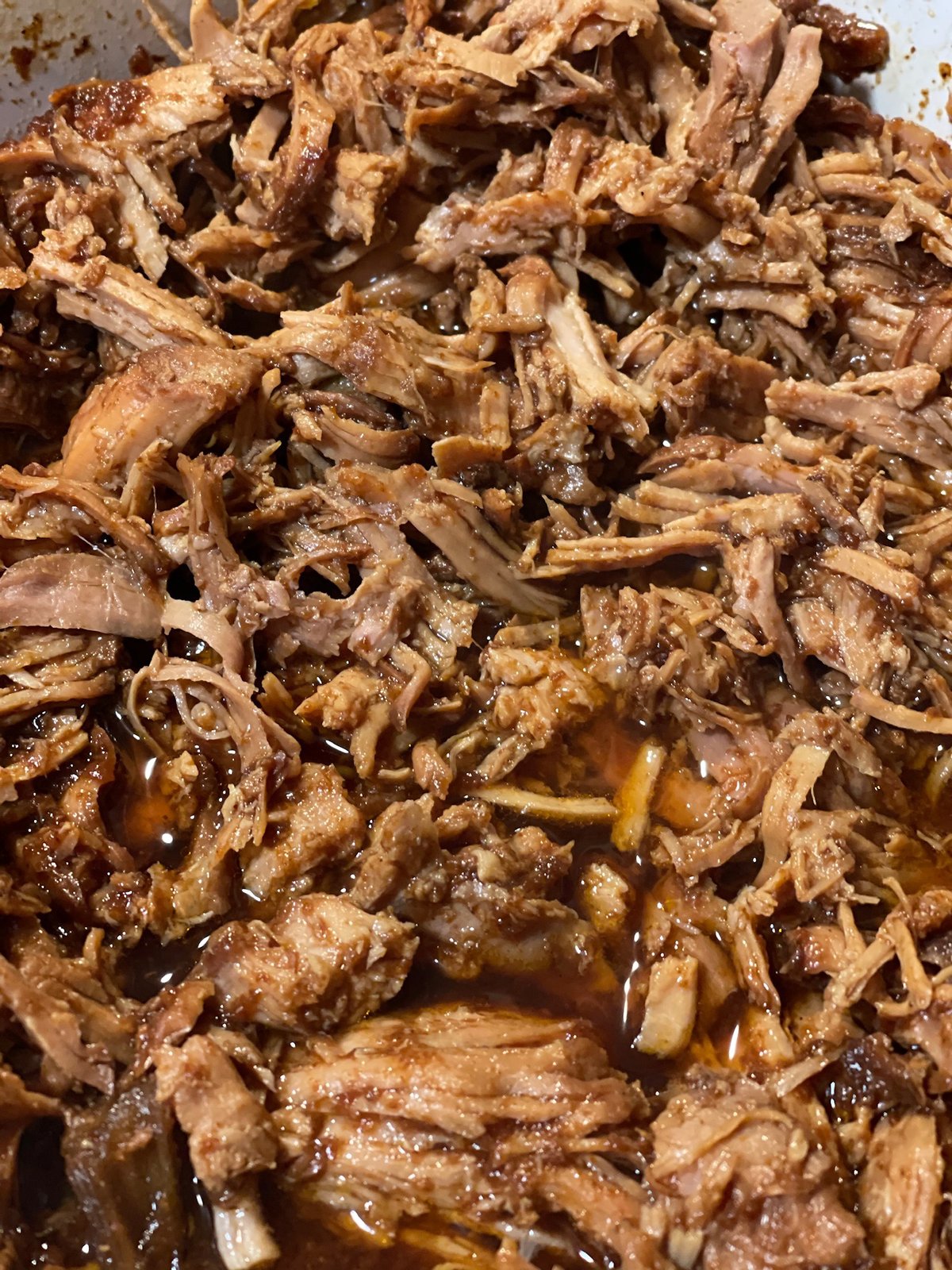 Close-up of tender, saucy BBQ pulled pork