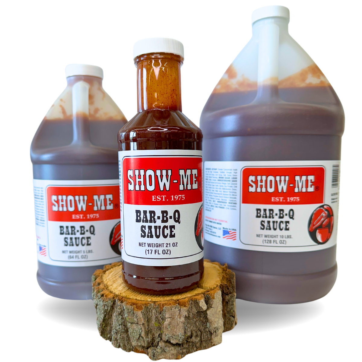Show-Me® Classic Bar-B-Q Sauce in three sizes: pint bottle, half-gallon jug and gallon jug