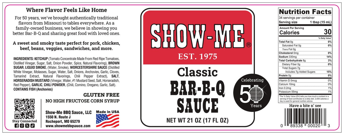 Show-Me® Classic Bar-B-Q Sauce label: ingredients and nutrition facts