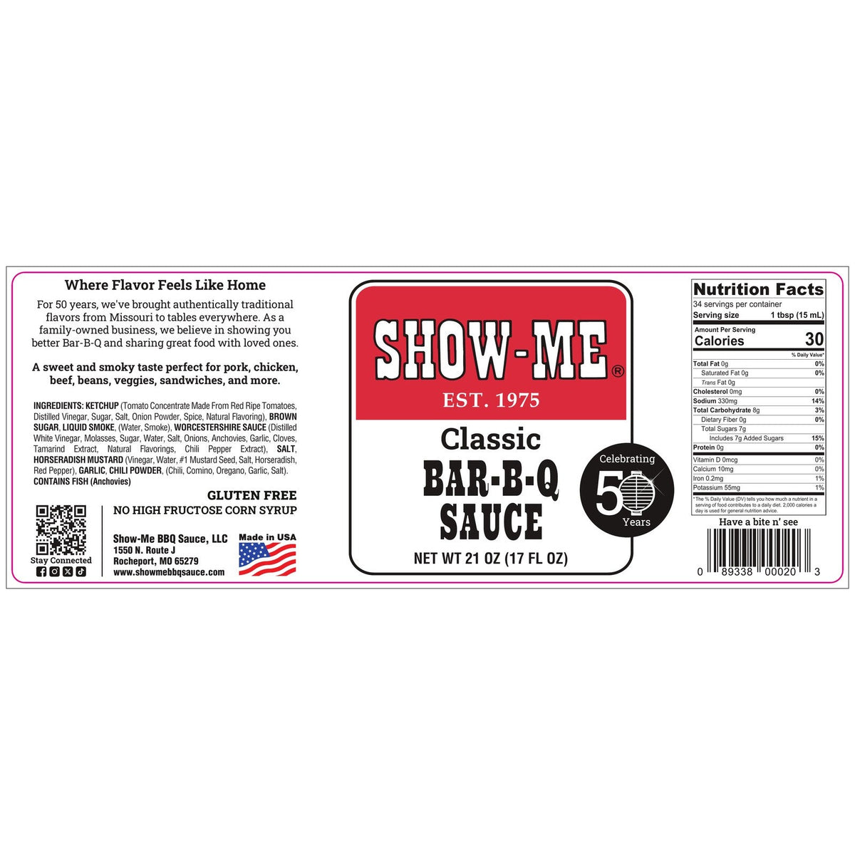 Show-Me® Classic Bar-B-Q Sauce label: ingredients and nutrition facts