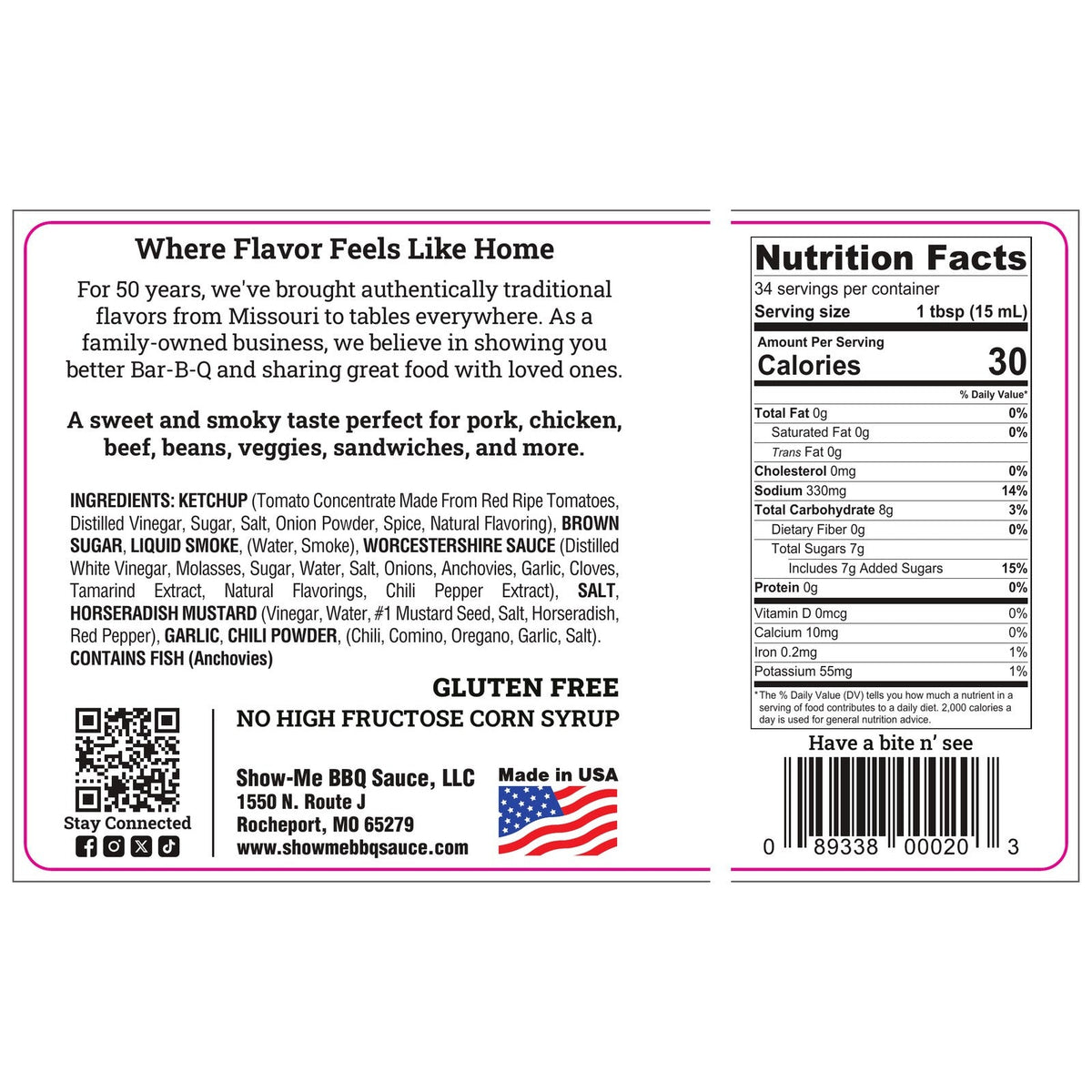 Show-Me® Classic Bar-B-Q Sauce nutrition facts panel and ingredient list