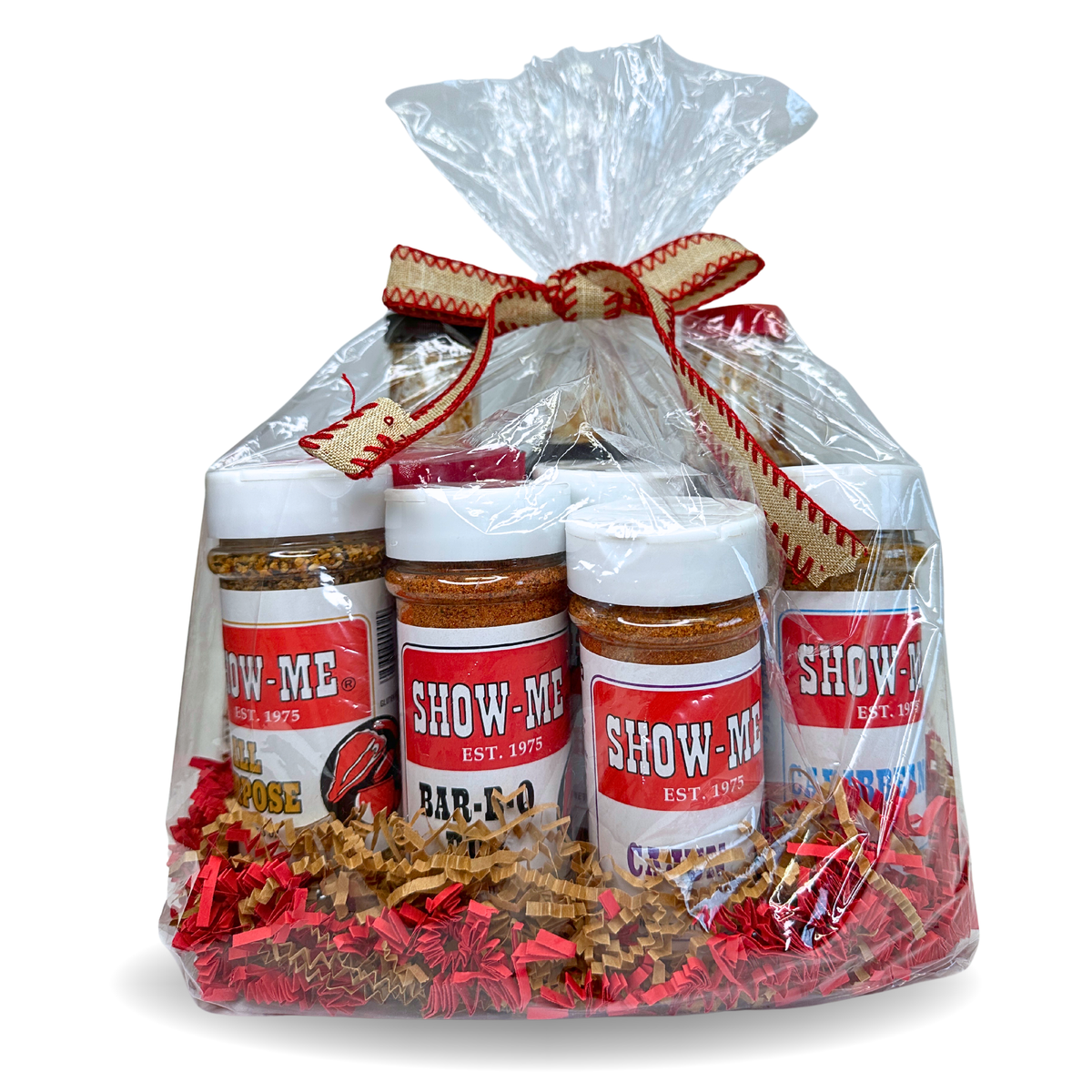 Show-Me® Bar-B-Q Gift Set wrapped in clear cellophane and a red bow, filled with sauce bottles and seasoning shakers