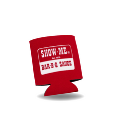 Red Show-Me® Bar-B-Q Sauce koozie with the white logo