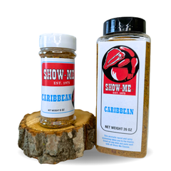 Show-Me® Caribbean Seasoning in a 6 oz shaker and a 26 oz large container