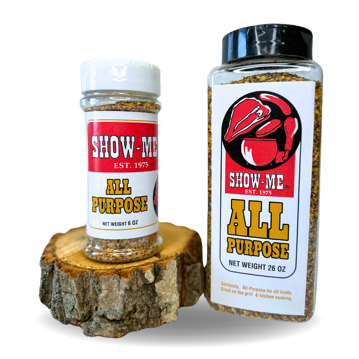 Show-Me® All Purpose Seasoning in a 6 oz shaker and a 26 oz large container