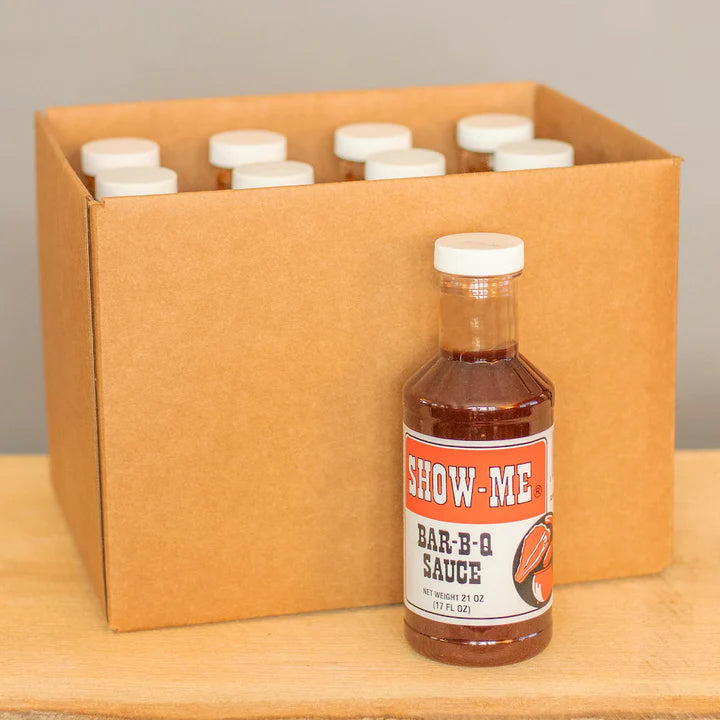 Case of 12 Show-Me® Classic Bar-B-Q Sauce pint bottles in a cardboard shipping box