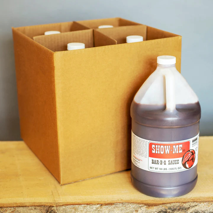 Case of 4 Show-Me® Classic Bar-B-Q Sauce gallon jugs in a cardboard box