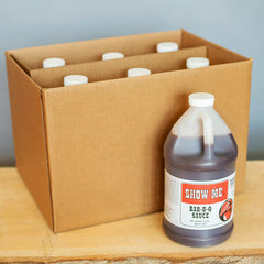 Case of 6 Show-Me® Classic Bar-B-Q Sauce half-gallon jugs in a cardboard box