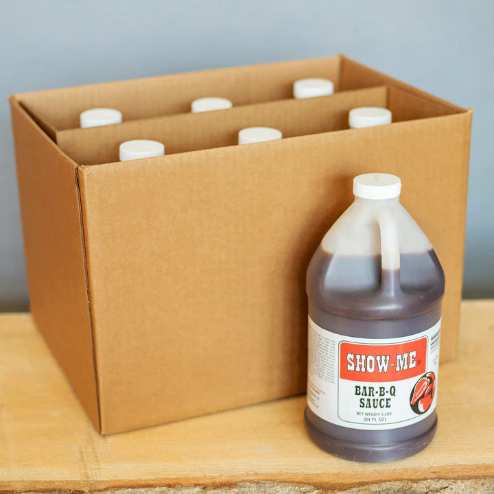 Case of 6 Show-Me® Classic Bar-B-Q Sauce half-gallon jugs in a cardboard box