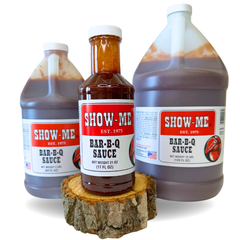 Show-Me® Classic Bar-B-Q Sauce in three sizes: pint bottle, half-gallon jug and gallon jug