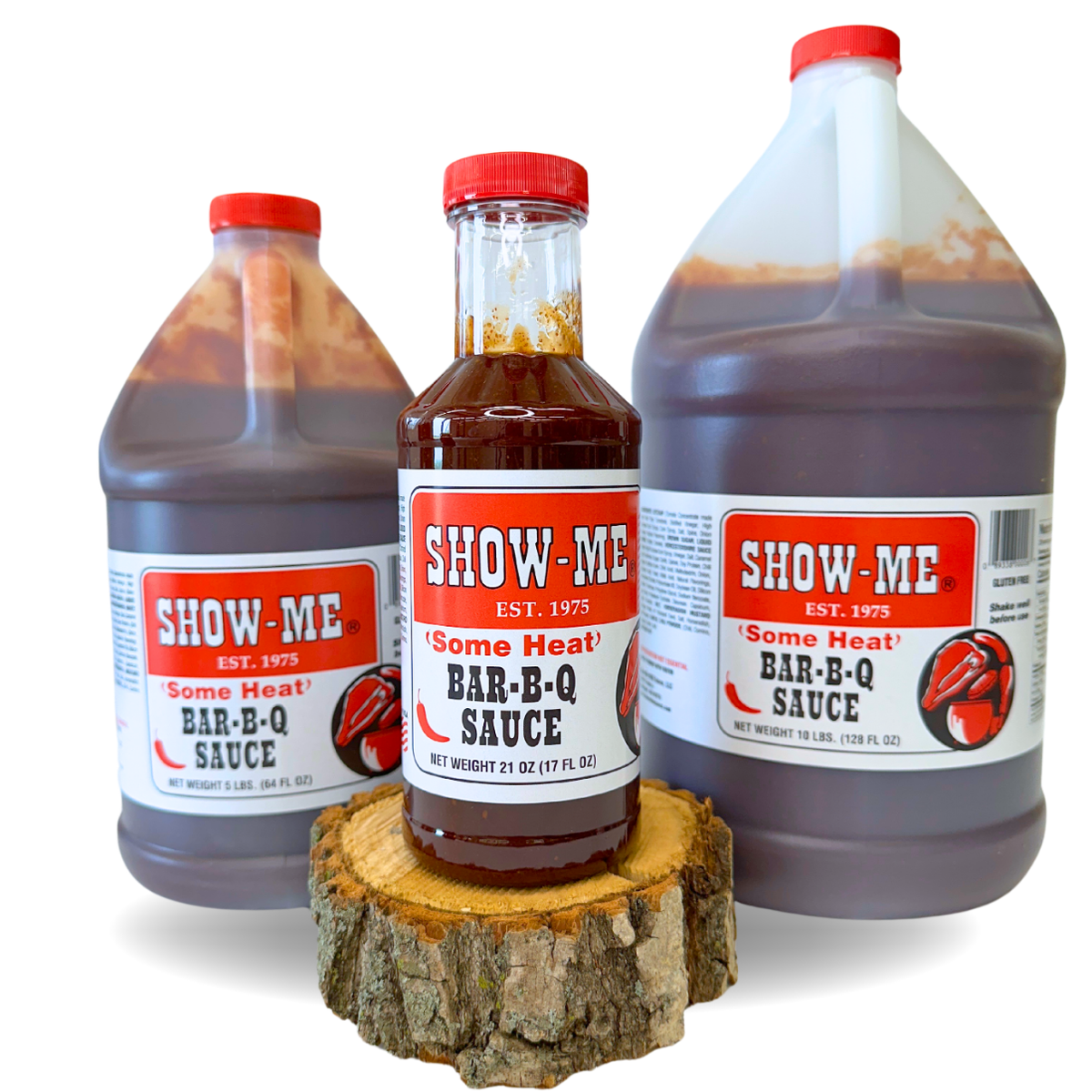 Show-Me® 'Some Heat' Bar-B-Q Sauce in three sizes: pint bottle, half-gallon jug and gallon jug