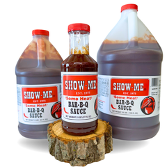 Show-Me® 'Some Heat' Bar-B-Q Sauce in three sizes: pint bottle, half-gallon jug and gallon jug