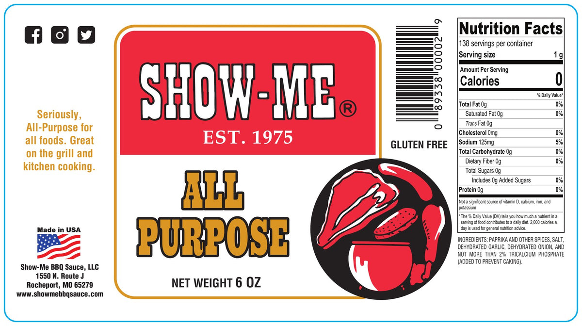 Show-Me® All Purpose Seasoning label: ingredients and nutrition facts