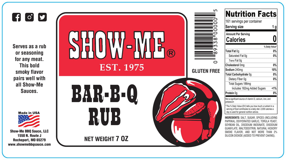 Show-Me® Bar-B-Q Rub label: ingredients and nutrition facts