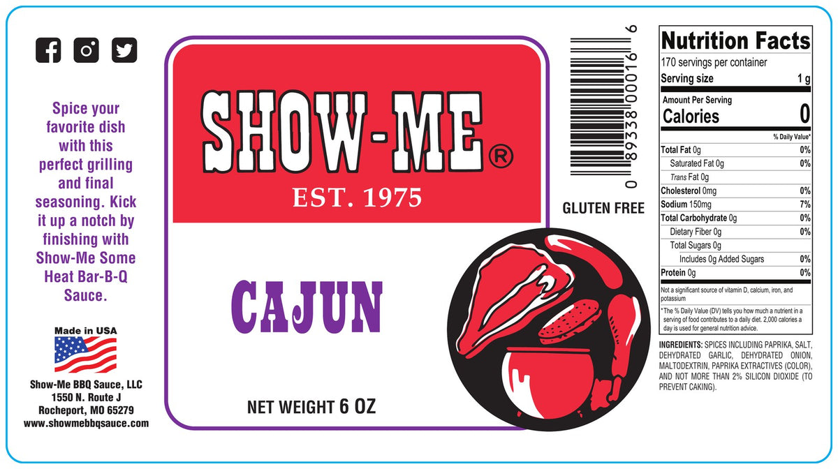 Show-Me® Cajun Seasoning label: ingredients and nutrition facts