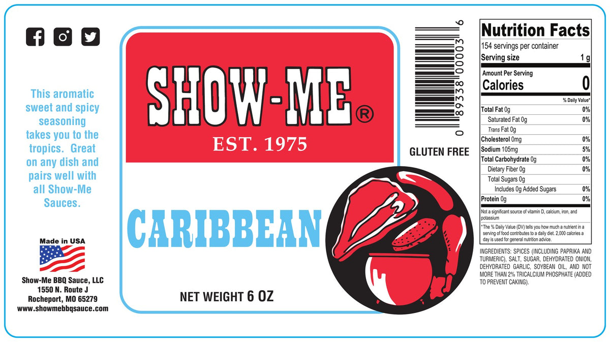 Show-Me® Caribbean Seasoning label: ingredients and nutrition facts