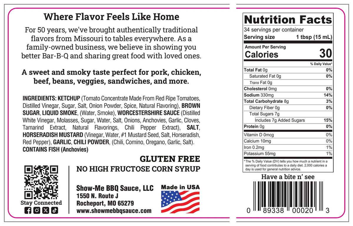 Show-Me® Classic Bar-B-Q Sauce nutrition facts panel and ingredient list