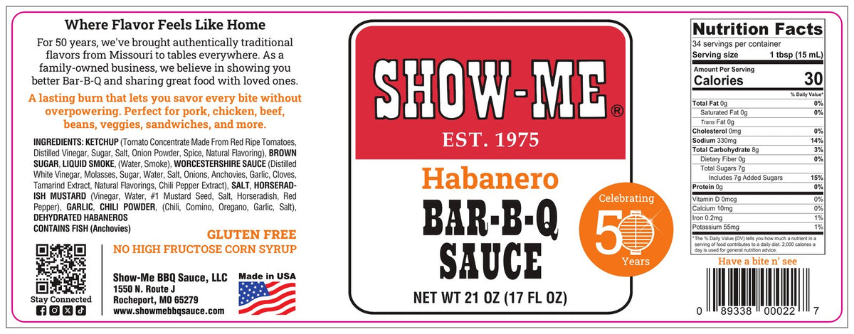 Show-Me® Habanero Bar-B-Q Sauce label: ingredients and nutrition facts