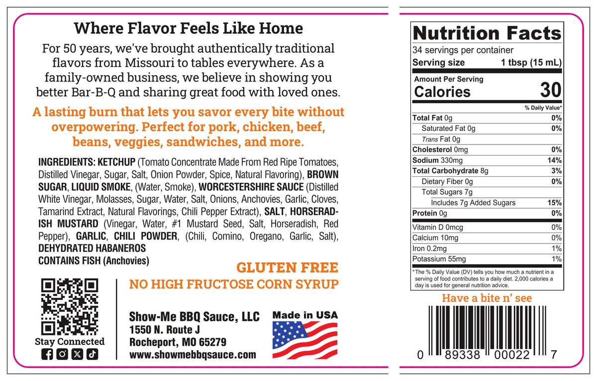 Show-Me® Habanero Bar-B-Q Sauce nutrition facts panel and ingredient list