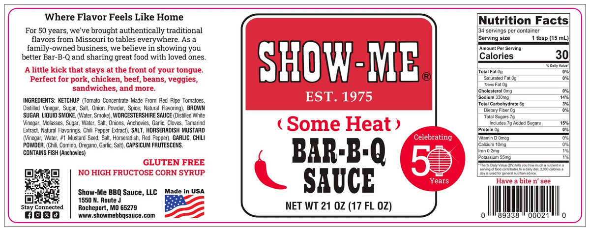 Show-Me® 'Some Heat' Bar-B-Q Sauce label: ingredients and nutrition facts