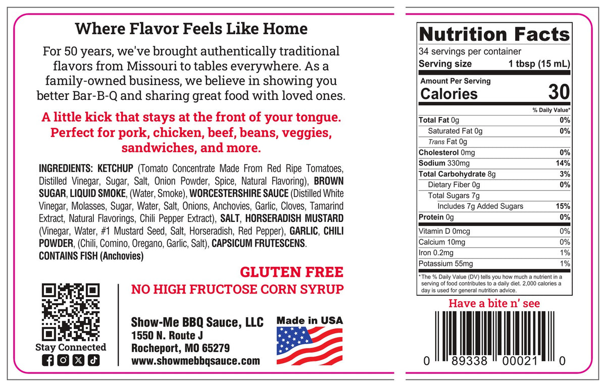 Show-Me® 'Some Heat' Bar-B-Q Sauce nutrition facts panel and ingredient list