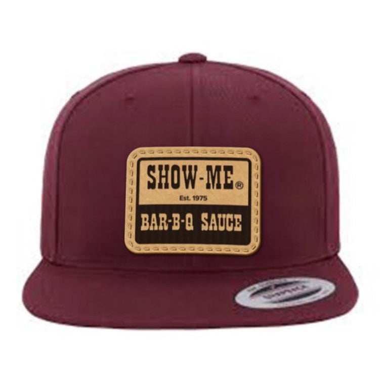 Maroon Show-Me® Bar-B-Q Sauce flat-brim hat with a leather logo patch