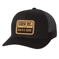 Black Show-Me® Bar-B-Q Sauce trucker hat with a mesh back and leather logo patch